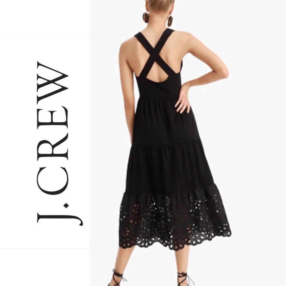 J. Crew Tiered Black Knit Flowy Beachy Maxi Dress with Eyelet Trim Size XS